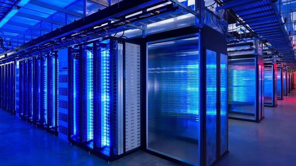 Pasillo de un centro de datos con servidores iluminados en azul